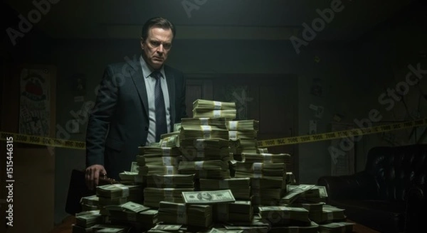 Fototapeta Man with Money Stacks in Dark Room