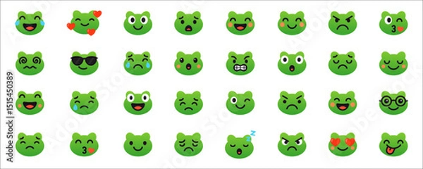 Fototapeta A set of cute green frog emoji faces showing various emotions like, love, happy, sadness, angry. Collection of frog emojis. Perfect for stickers, digital communication, apps or playful design use
