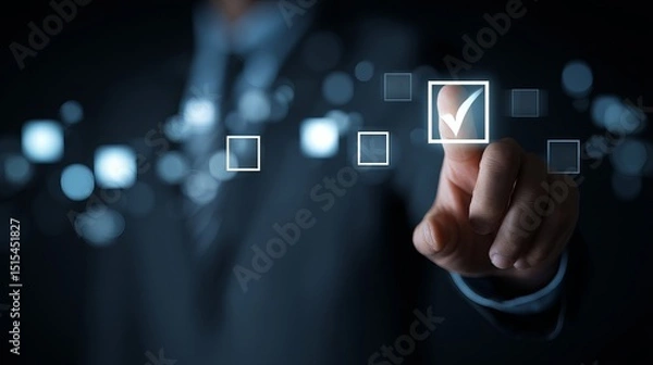 Fototapeta Businessman Hand Selecting Checklist Digital Interface Modern Technology Online Business Process Management Strategic Planning Successful Project Completion Efficient Workflow     