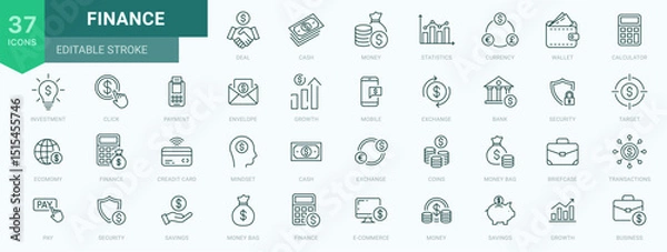 Fototapeta Business and finance line icon set with money signs, payment, Wallet, Coins, Moneybag, investment, payment, investment, deposit, piggy bank, calculator, savings. Outline thin icons. Editable stroke