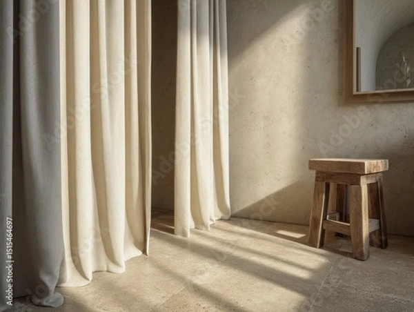 Fototapeta A wooden stool is sitting in front of a curtain. The curtain is white and is hanging over the stool