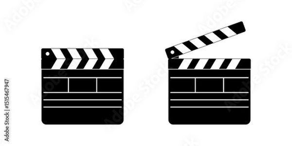 Fototapeta Closed and open movie clapboard silhouettes. Clapper boards isolated on white background. Camera and action concept. Video production tools for use in filming area. Vector graphic illustration.