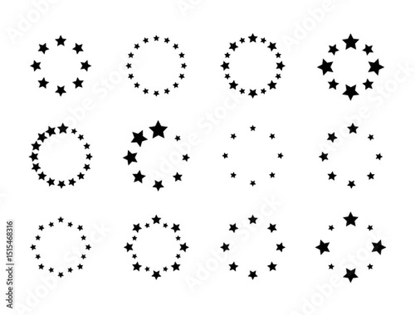 Fototapeta Set of round frames with stars isolated on white background. Prize, success or award circle shaped banner. Starry ring emblem or stamp print with empty space inside. Vector graphic illustration.