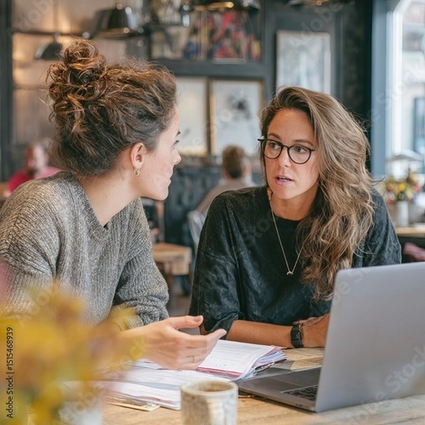 Fototapeta Two women engaging in a serious discussion over a laptop at a cafe. They appear focused and engaged in conversation. The atmosphere is relaxed yet professional.