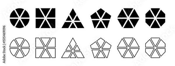 Fototapeta Basic geometric shapes divided into 6 sectors isolated on white background. Round, square and triangle, pentagon, hexagon and octagon shapes cut in six equal segments. Vector graphic illustration.