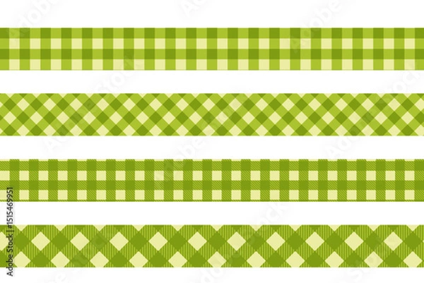 Fototapeta Tapes with green gingham pattern. Borders with checkered spring or summer print. Ribbons for gifts or headbands. Cotton, linen or flannel bands isolated on white background. Vector flat illustration.