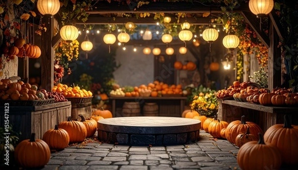 Fototapeta Rustic autumn market pumpkins illuminate the scene