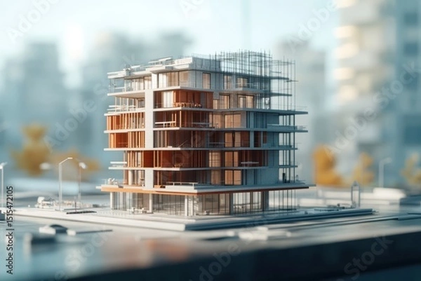 Fototapeta Architectural model showcases a modern building under construction against a blurred cityscape backdrop