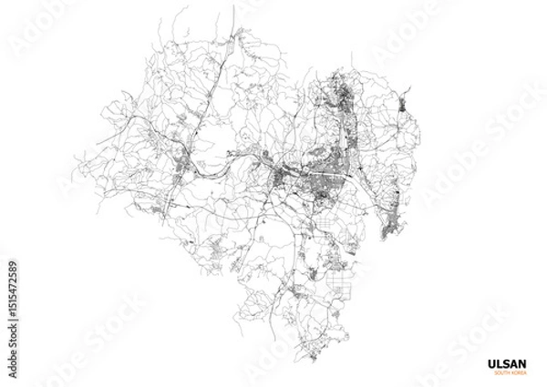 Fototapeta Ulsan's Intersections: Black & White Vector Map of Highways, Buildings & Waterways