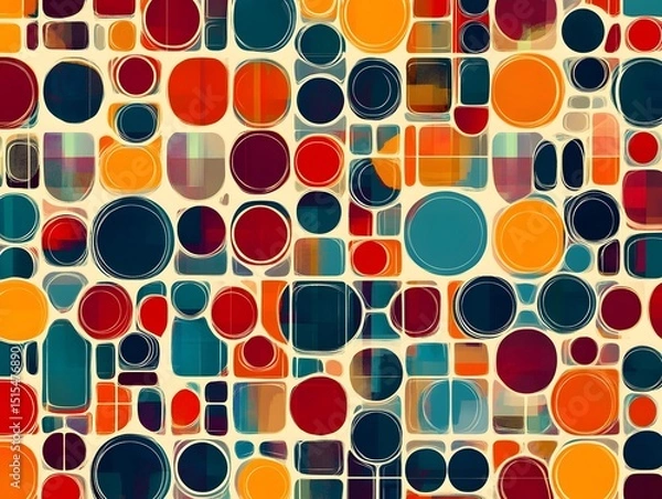 Fototapeta Geometric Delight: A vibrant tapestry of colorful shapes, with circles and squares in various sizes, arranged in an eye-catching abstract design that stimulates visual curiosity.