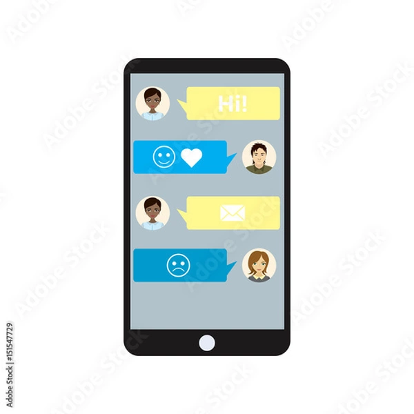 Fototapeta black smartphone isolated on white background,Chatting with smile and sign message .