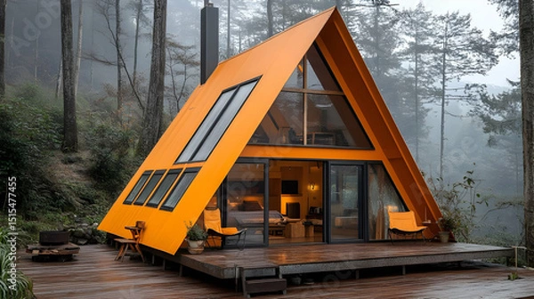 Obraz Orange A-Frame Cabin in Misty Forest
