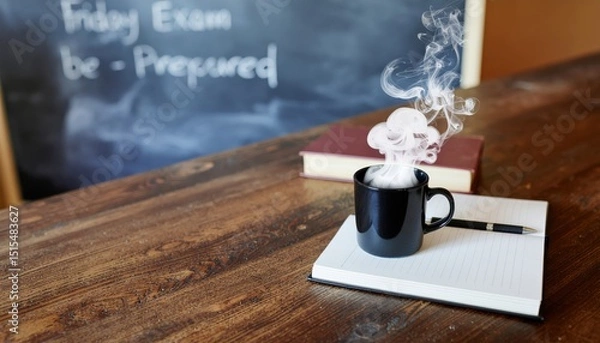 Obraz A black mug steaming on a wooden desk, in front of a chalkboard with "Friday Exam" written on it