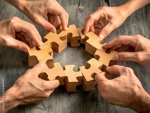 Fototapeta Teamwork Puzzle: Hands of diverse people collaboratively assemble a circular wooden puzzle, symbolizing unity, problem-solving, and shared success.