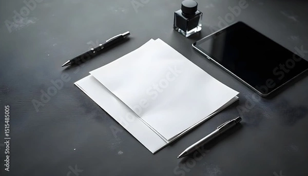 Obraz Elegant Workspace with Tablet, Ink Bottle, and Writing Tools on a Desk

