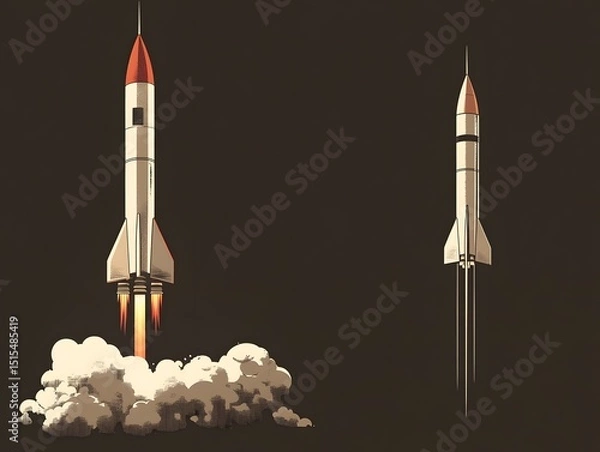 Fototapeta Soaring Ambition: A dynamic image showcasing two rockets, one ascending with fiery determination and the other poised, illustrating progress and innovation.