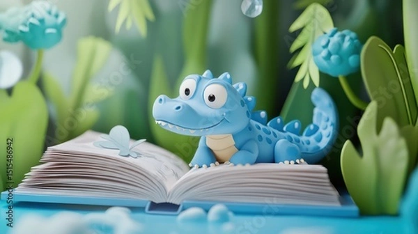 Obraz Whimsical blue crocodile reading a book in a vibrant fantastical landscape