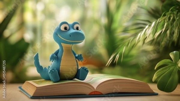 Obraz Delightful Illustration of a Blue Dinosaur Reading a Book in a Lush Setting