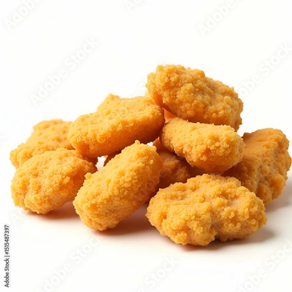 Obraz Crispy Golden Chicken Nuggets on White Background - Soft Lighting Highlights Textured Breading, Perfect for Fast Food Menus & Snack Promotions, Empty Space for Text