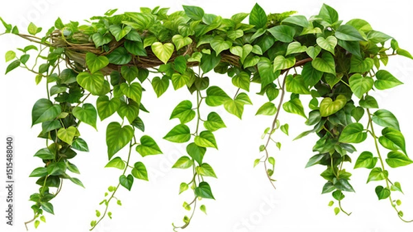 Fototapeta Lush green pothos vine with heart-shaped leaves against a transparent background