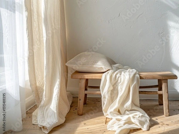 Fototapeta A wooden bench with a white blanket on it. The bench is in front of a window
