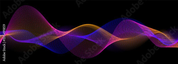 Fototapeta Neon sound wave on black background. Abstract flowing wavy dot lines design for ai concept, eq equalizer, audio record, voice assistant. Blue pink purple gradient dashed curve stripe wallpaper. Vector