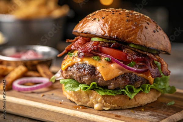 Obraz Juicy Bacon Cheeseburger on Wooden Board with Fries and Onions
