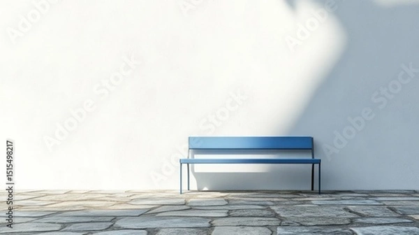 Obraz Serene Minimalism: A Blue Bench Against a Textured Wall with Sunlit Ambiance