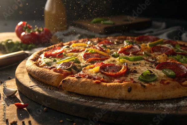 Obraz Delicious Pepperoni Pizza with Fresh Vegetables and Cheese on Rustic Wooden Board