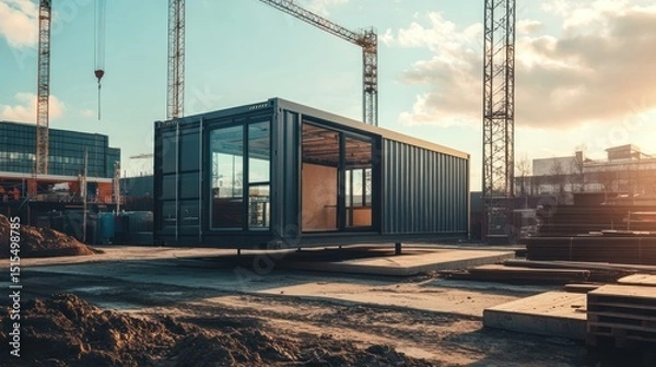 Obraz Shipping Container Home Transformation on a Construction Site with Cranes