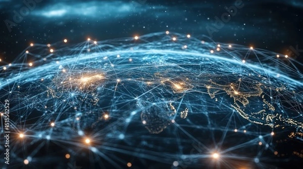 Obraz Global connectivity depicted through a network of luminous points over earth