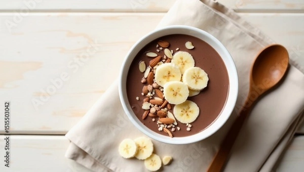 Fototapeta Flatlay of a chocolate banana smoothie in a plain white bowl placed on a light wooden surface. Topped with banana slices and sprinkled almond pieces. Minimal and clean composition, no people, no brand