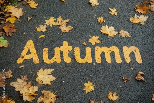 Fototapeta Yellow autumn leaves arranged around wooden letters with the inscription autumn on a black background. 
