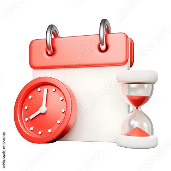 Fototapeta 3d Red Calendar with clock icon on isolated purple background. Reminder notification or Time management concept. Website Ui design icon. Minimal 3d cartoon red calendar time zone icon. 3d render.