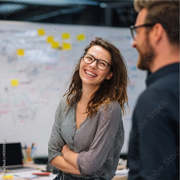 Fototapeta A joyful moment of two people interacting in a professional environment