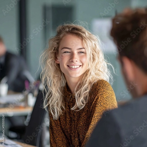 Fototapeta A portrait of a woman, her face beaming with a warm and genuine smile while in meeting. This image exudes approachability and optimism