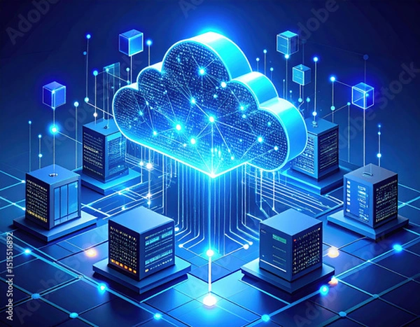 Fototapeta Cloud computing technology enables seamless data storage and management, enhancing connectivity and efficiency modern businesses. This digital landscape showcases servers and cloud infrastructure