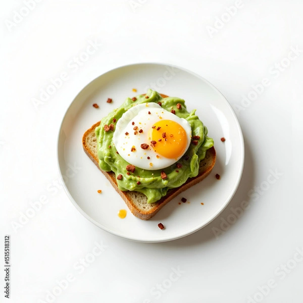 Obraz High Definition Egg and Avocado Toast: Elegantly Plated with Smashed Avocado, Poached Egg, and Chili Flakes on a Pristine White Background - Minimalist Styling and Professional Lighting for Vibrant Pr