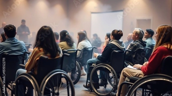 Fototapeta A diverse group attends a conference with some using wheelchairs, focused on a presenter