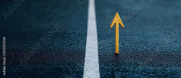 Fototapeta Golden Arrow Pointing Upward On Dark Road