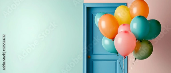 Fototapeta Bunch Of Colorful Balloons In Front Of A Light Blue Door