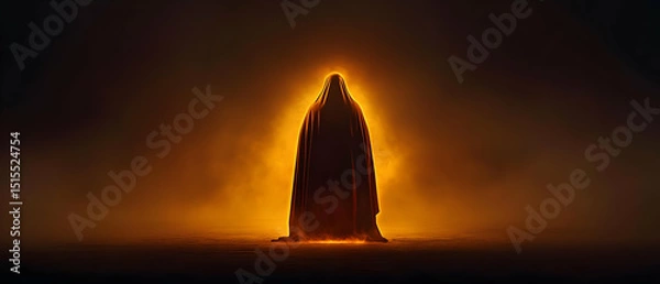Fototapeta Golden Illuminated Tower Silhouette in Desert Fog