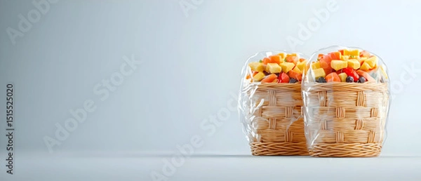 Fototapeta Two Light Brown Wicker Baskets Filled With Mixed Fruits Against Light Gray Background