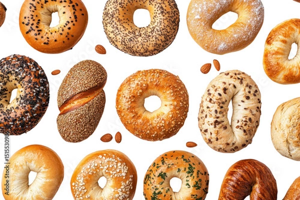 Fototapeta A variety of fresh bakery bagels topped with sesame seeds poppyseeds and oats perfect for breakfast or brunch isolated on a transparent background