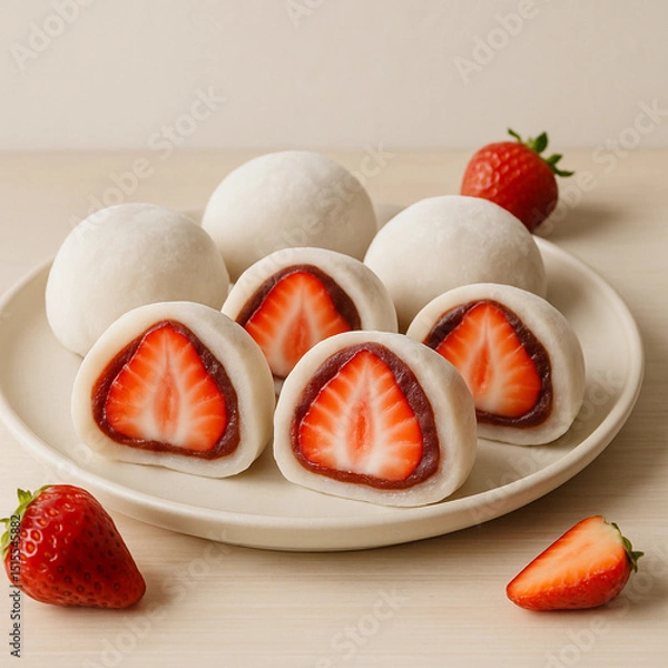 Fototapeta Flatlay photo of strawberry-filled mochi. Some mochi are whole with a soft white powdered surface, while others are cut open to reveal the juicy fresh strawberry filling inside. 