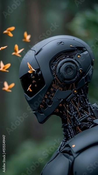 Fototapeta Dark Metallic Robot Gazing at Holographic Orange Birds in a Forest