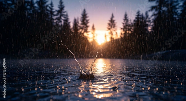 Obraz Peaceful Lake Reflection During A Rainfall At Sunrise In Forest