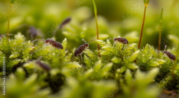 Obraz Tiny Springtails Thriving On Vivid Green Moss In An Enchanting Miniature World