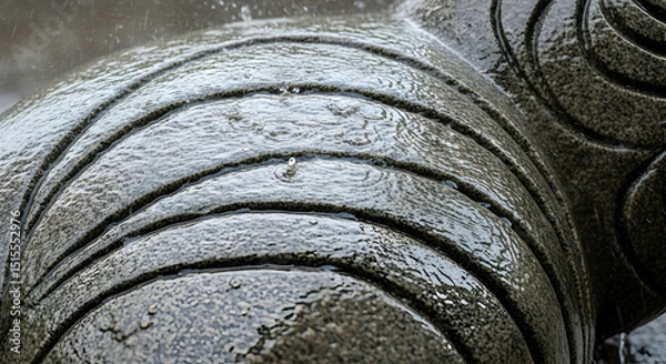 Obraz Stone Sculpture With Circular Grooves Captured During A Rainfall Event