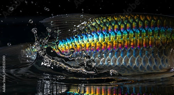 Obraz Iridescent Fish Leaping From Water Creating Splashes On Dark Background